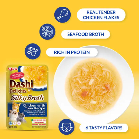 Churu Cat Dashi Delights Silky Broth de Frango com Atum e Salmão